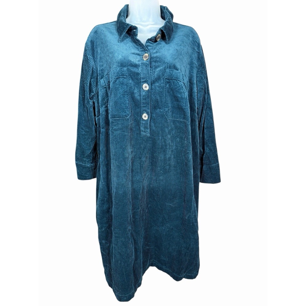 J.Jill 2X Corduroy Tunic Dress‎ Shacket Teal Blue Wale Button Front Pockets